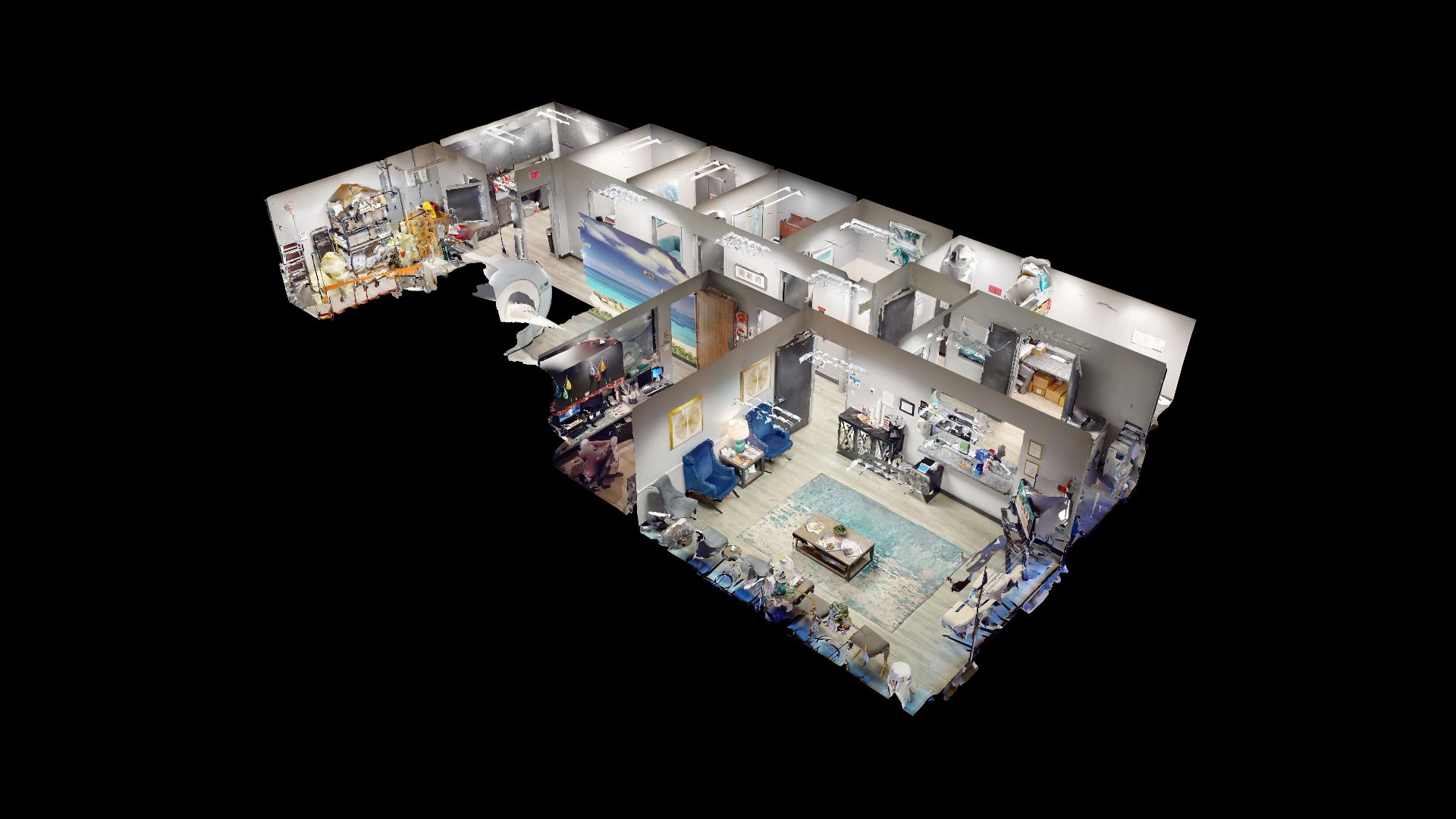 Complete three-dimensional view of a medical office environment with multiple rooms