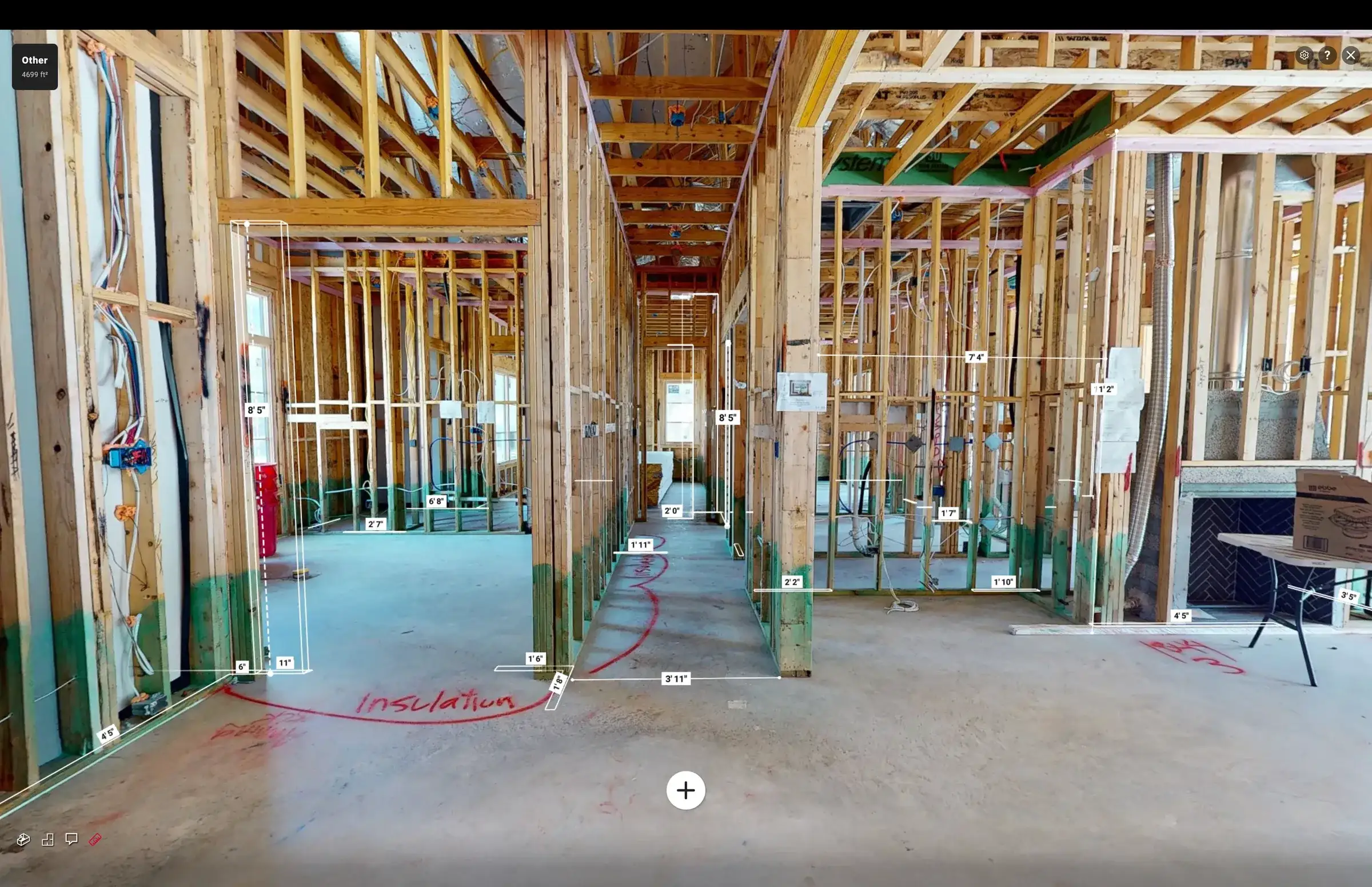 Interior 3D capture showing detailed framing, wiring, and plumbing with digital measurements.
